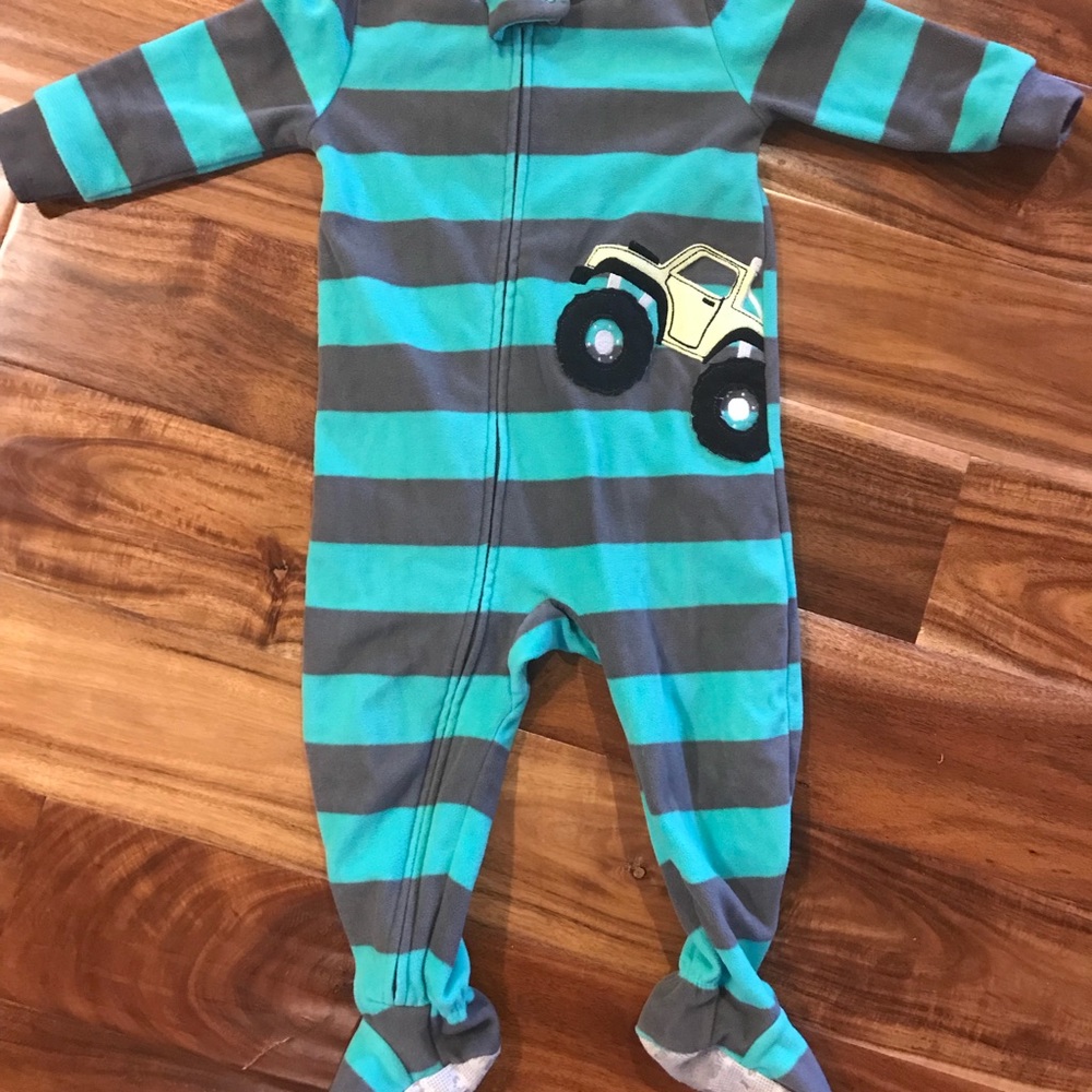 Teal/gray stripe fleece truck pajamas